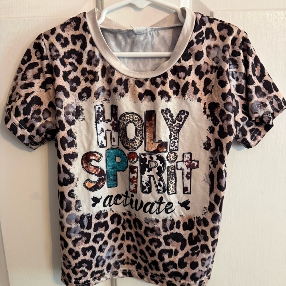 Girls Leopard Print "Holy Spirit Activate" Tee - Beige/Brown